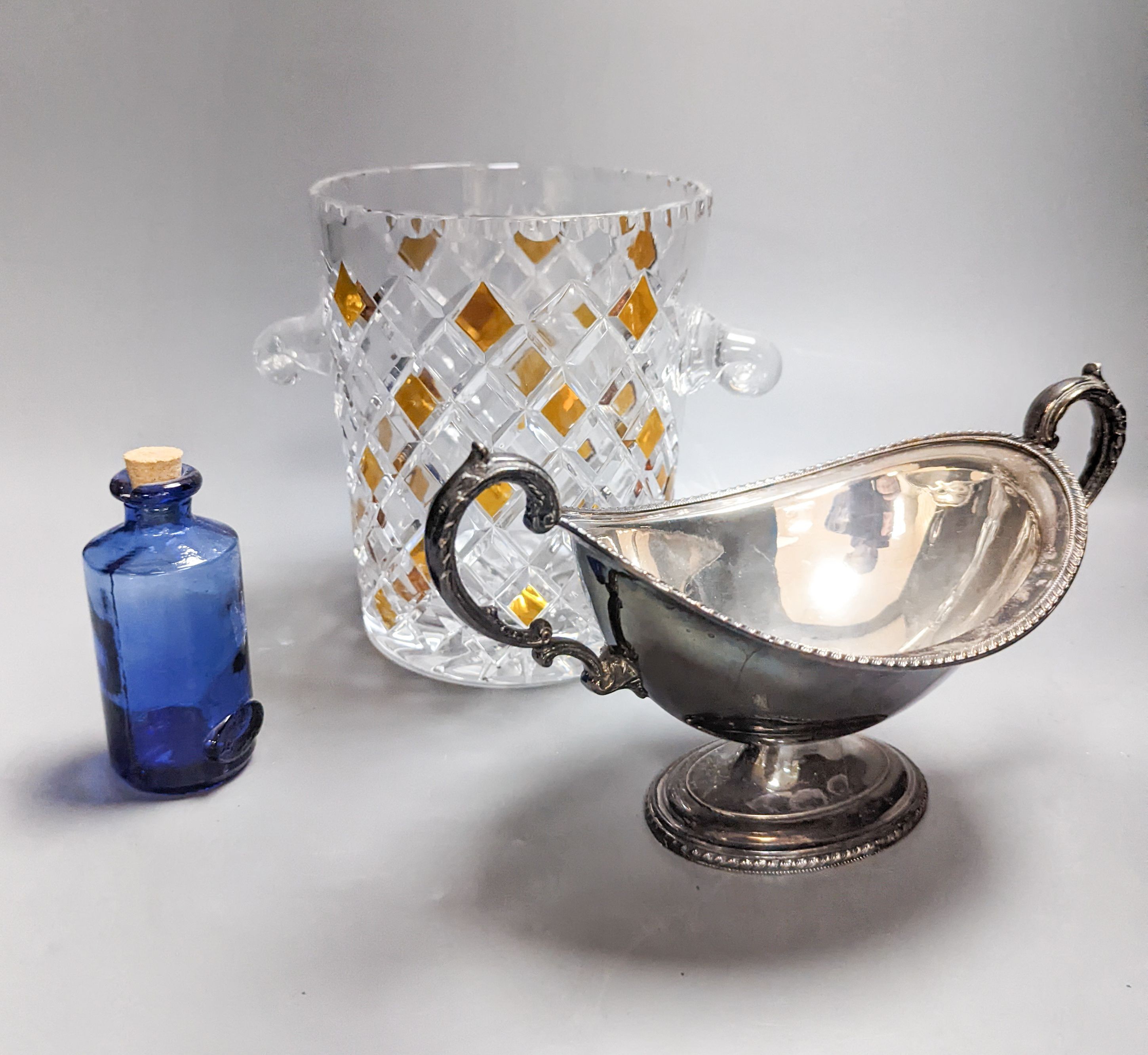 A pair of plated articulated fish, 3 plated photo frames, glassware etc